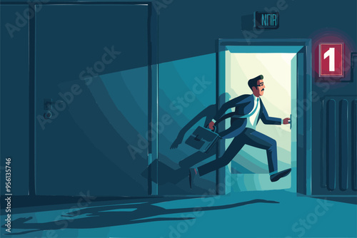 Businessman in Suit Running Hastily Towards Emergency Exit Door, Escaping Dead-End Job for Success and Freedom