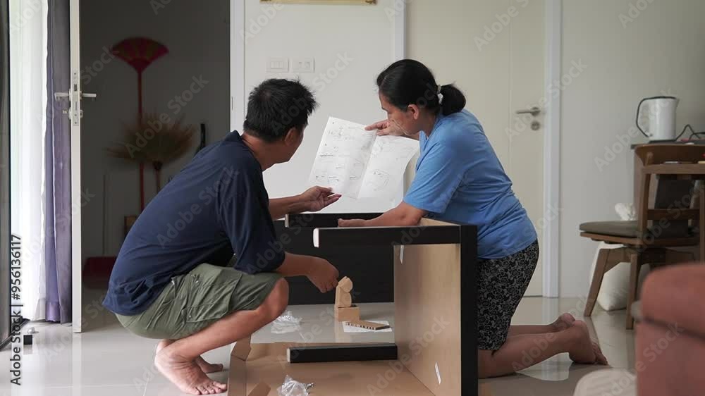 An Asian couple assembled a wooden table for use in their home An Asian couple assembled a wooden table for use in their home
