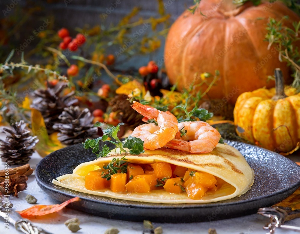 Pfannkuchen mit Kürbis und Garnelen Pfannkuchen mit Kürbis und Garnelen