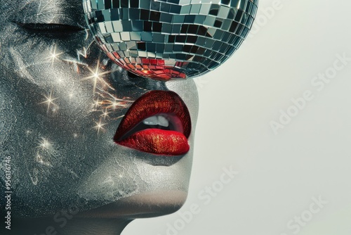 Modern art collage. A womans body with disco ball and red lips head