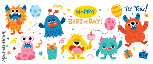 Happy Birthday concept monster party vector set. Collection of cute cartoon monster in different playful characters. Funny alien, demon and creature flat vector design for comic, education, kids.