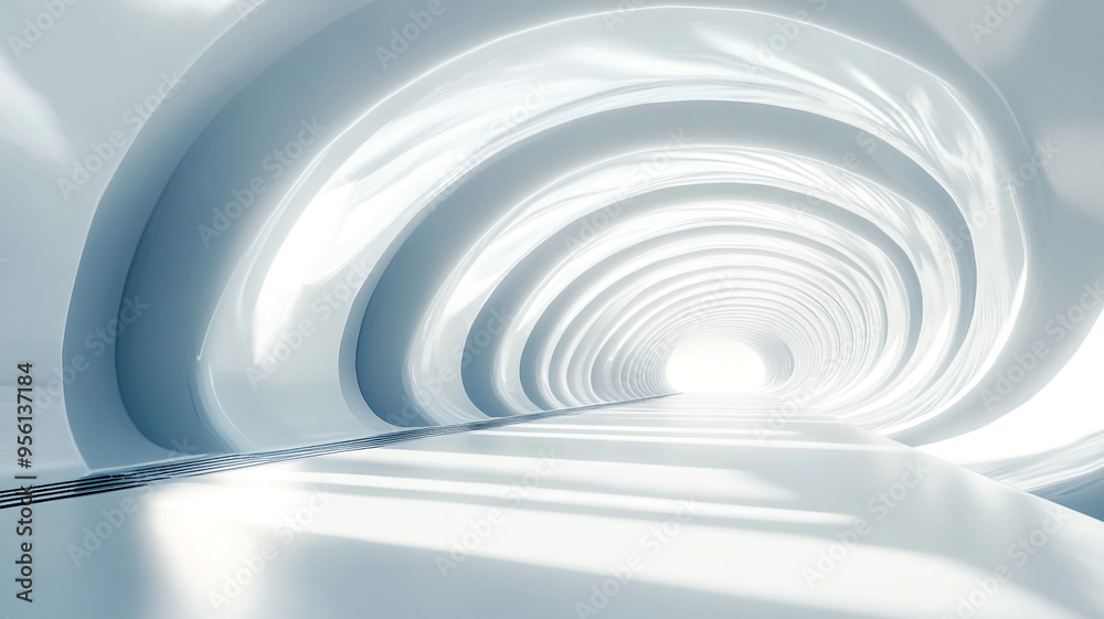 Fototapeta premium Abstract illustration of a futuristic, curved tunnel with illuminated path leading to light