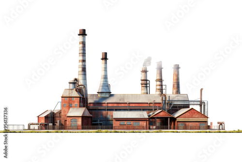 The image depicts an industrial factory, with smoke emanating from the chimneys. Suitable for environmental, industrial, pollution, and urban design concepts photo