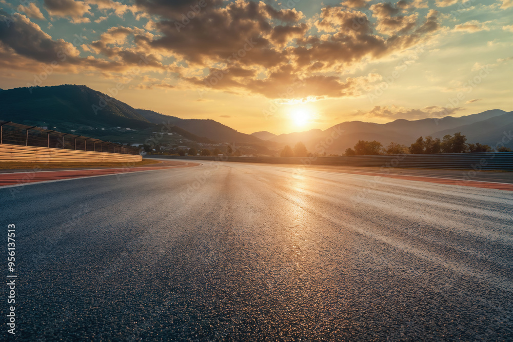Fototapeta premium Empty wet asphalt race track with sky and mountains at sunset background. High quality photo
