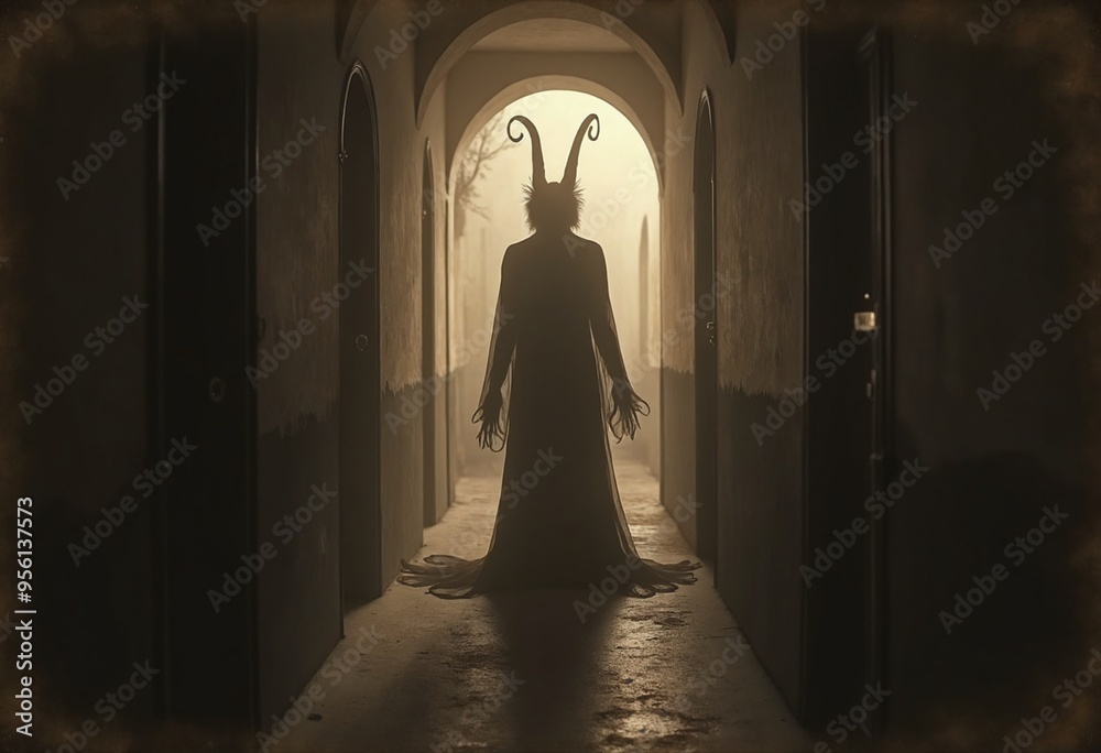 Naklejka premium An aged worn sepia monochrome 1800s photograph of a nightmarish translucent demon standing at the end of a long hallway