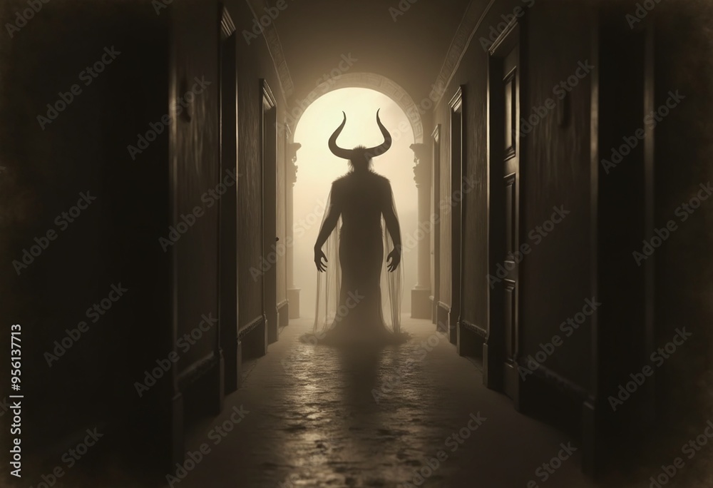 An aged worn sepia monochrome 1800s photograph of a nightmarish translucent demon standing at the end of a long hallway An aged worn sepia monochrome 1800s photograph of a nightmarish translucent demon standing at the end of a long hallway