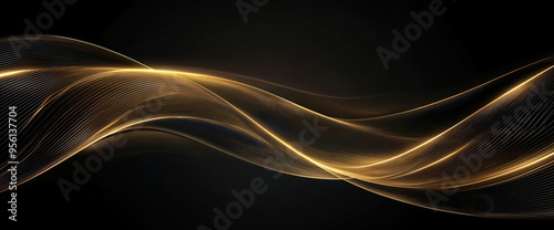 Abstract golden light wave flowing on black background. High quality photo
