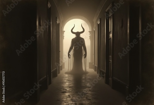 An aged worn sepia monochrome 1800s photograph of a nightmarish translucent demon standing at the end of a long hallway