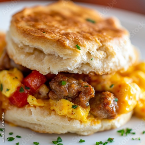 A close-up of a breakfast biscuit sandwich with sausage, peppers, and eggs.