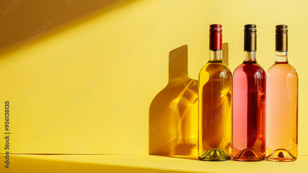 Trio of wine bottles on a bright yellow backdrop Trio of wine bottles on a bright yellow backdrop