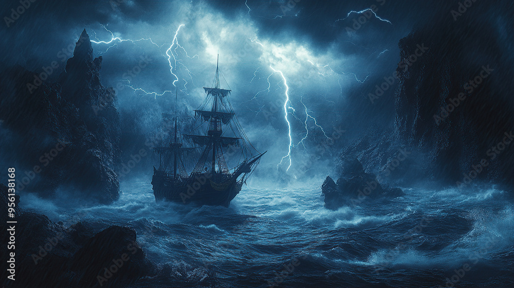 Obraz premium A ship in the middle of a stormy sea under a storm and lightning