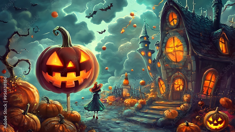 Halloween Witch Walking Towards Haunted House with Jack o Lanterns Halloween Witch Walking Towards Haunted House with Jack o Lanterns