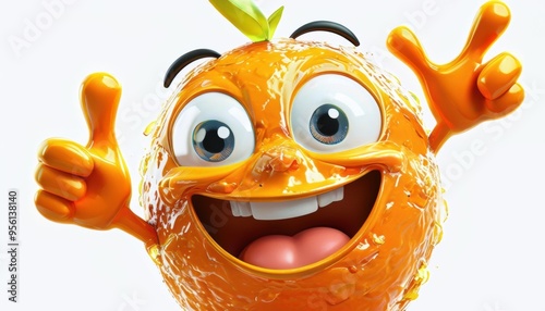 A cheerful and happy orange mascot with a leaf-shaped head. photo