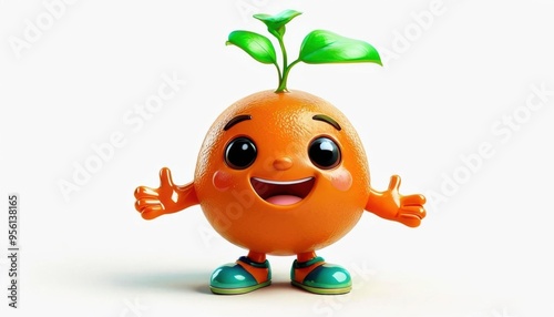 A cheerful and happy orange mascot with a leaf-shaped head. photo