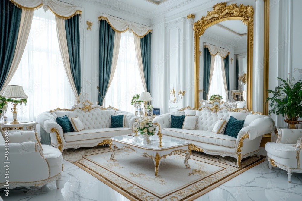 A lavish drawing room featuring gilded mirrors, plush furniture, and elegant curtains A lavish drawing room featuring gilded mirrors, plush furniture, and elegant curtains
