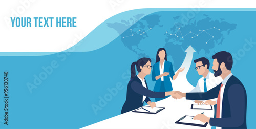 Growth. Agreement. Template. Business people shaking hands after signing contract. The table transforms into a rising arrow sign. Concept business vector illustration. 