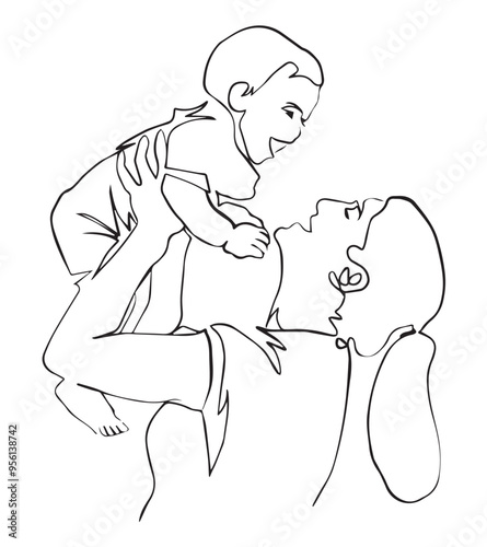 happy mother's day mother with a her child baby playing smiling one line art for prints gifting in black and white vector