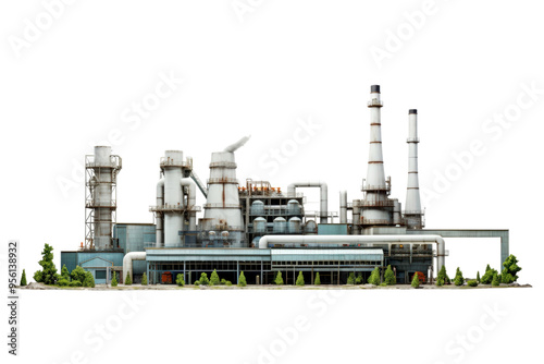 The image depicts an industrial factory, with smoke emanating from the chimneys. Suitable for environmental, industrial, pollution, and urban design concepts photo