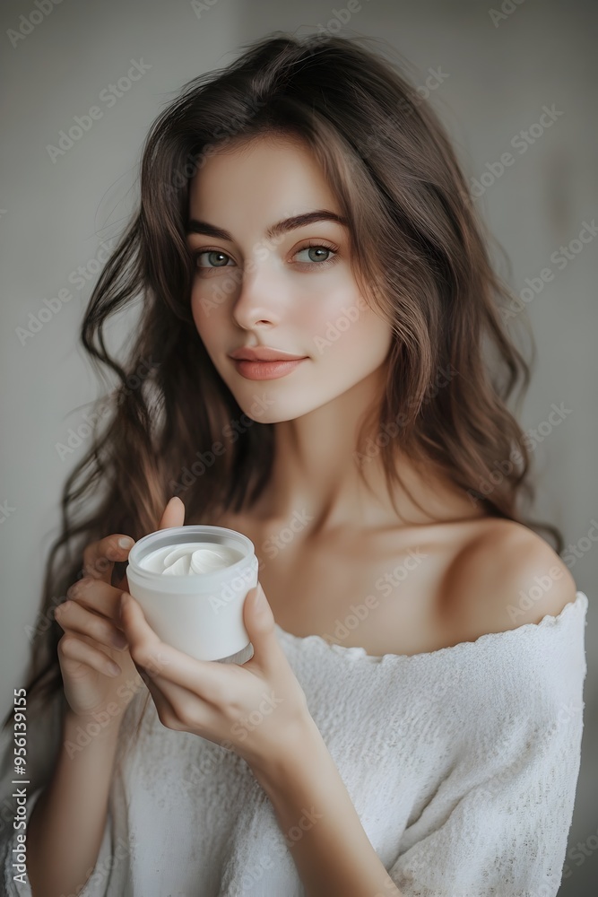 Serene Woman Holding Moisturizing Cream for Gentle Skin Care Serene Woman Holding Moisturizing Cream for Gentle Skin Care