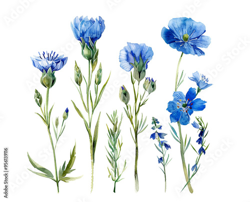 Watercolor blue wildflowers and stems set isolated on white background. Floral illustration