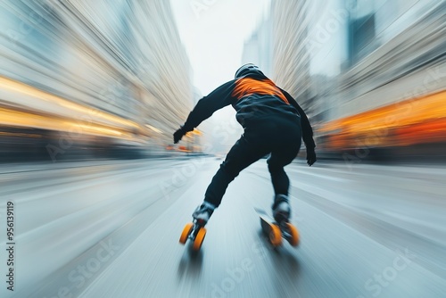 Blurred motion of inline skater speeding through city photo