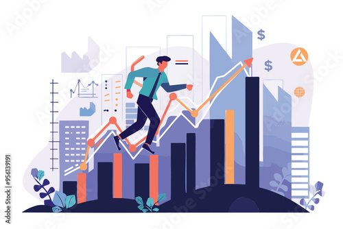 Businessman investor running up percentage graph, succeeding in economic challenges through smart investment strategies