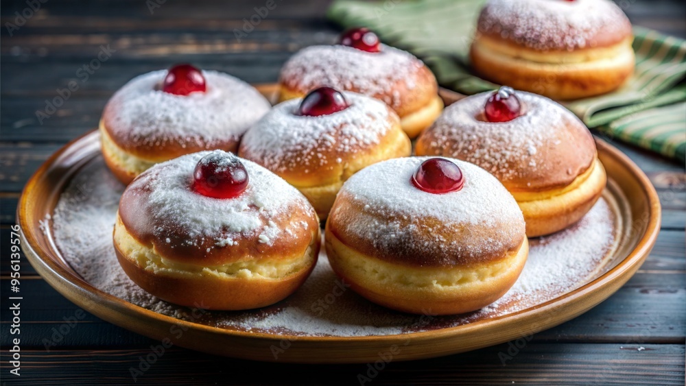 Traditional Sufganiyot on a Plate, Festive Hanukkah Treat Traditional Sufganiyot on a Plate, Festive Hanukkah Treat