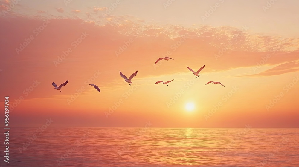 Fototapeta premium A flock of seagulls flying above the ocean at sunset, with the sky painted in orange and pink hues, leaving ample space in the upper sky for text.