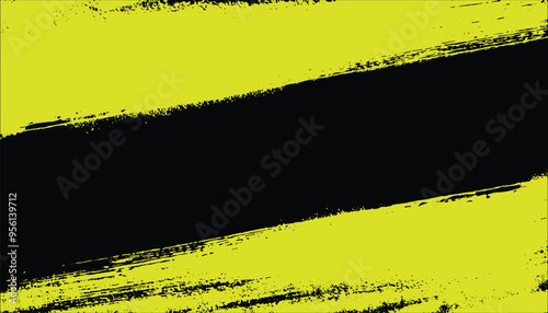 Abstract vector design of two bold yellow brush stroke hand painted ink paint diagonally stripes as frame and a black in the middle, grunge destress mockup template poster.