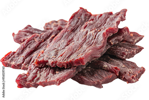 A close-up view of delicious, dried beef jerky slices, showcasing texture and rich color for snack enthusiasts and culinary designs. photo