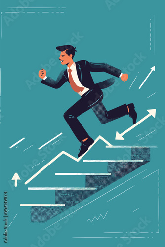 Businessman investor running up percentage graph, succeeding in economic challenges through smart investment strategies