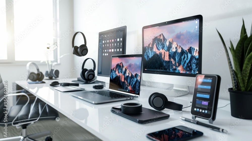Exciting cyber monday electronics deals laptops, smartphones, and headphones on a modern desk Exciting cyber monday electronics deals laptops, smartphones, and headphones on a modern desk