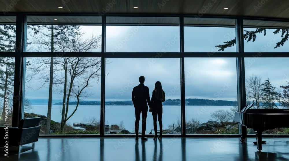 Silhouette of Couple Looking Out Window at Wintery Lake Silhouette of Couple Looking Out Window at Wintery Lake