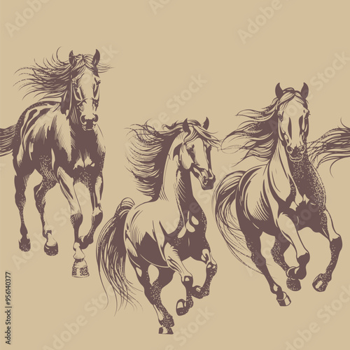 Seamless pattern from repeating silhouettes of a galloping horse with developing mane and tail. Hand-drawn vector stencil in retro colors