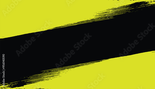 Abstract vector design of two bold yellow brush stroke hand painted ink paint diagonally stripes as frame and a black in the middle, grunge destress mockup template poster.