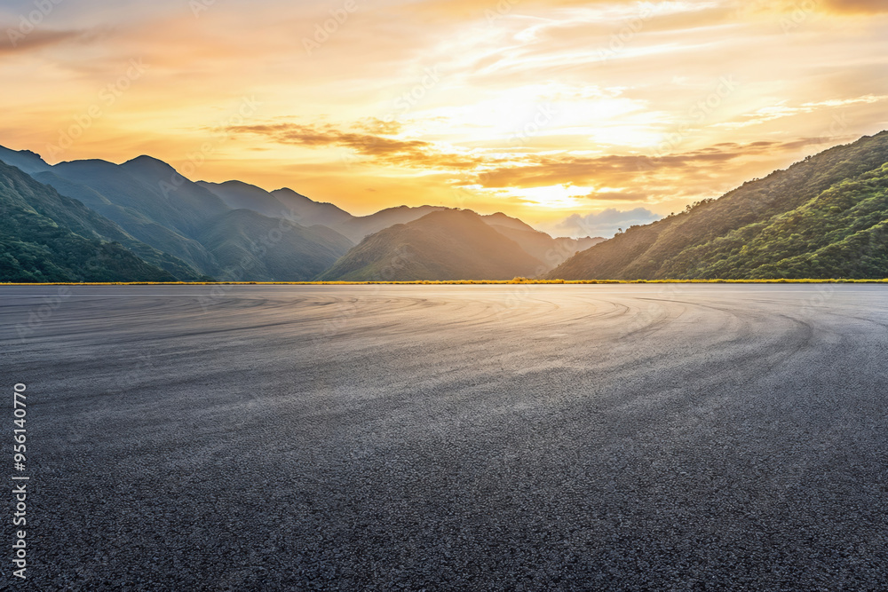 Empty asphalt road surface and mountain landscape at sunset. High quality photo Empty asphalt road surface and mountain landscape at sunset. High quality photo