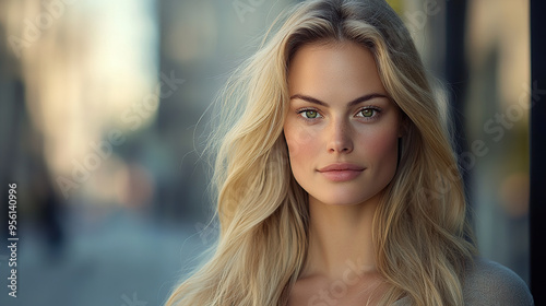 A portrait of an attractive blonde woman with long hair, wearing casual attire and standing outdoors in the city