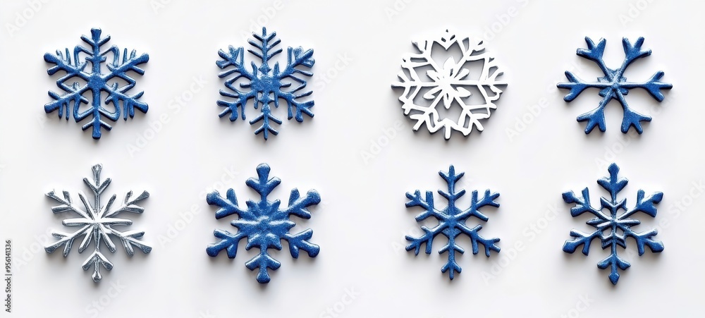 Decorative snowflake designs in blue and white arranged on a light background showcasing winter craftsmanship and creativity Decorative snowflake designs in blue and white arranged on a light background showcasing winter craftsmanship and creativity