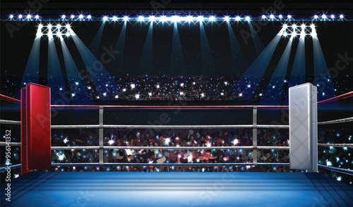boxing ring with illumination by spotlights. digital effect 3d render.