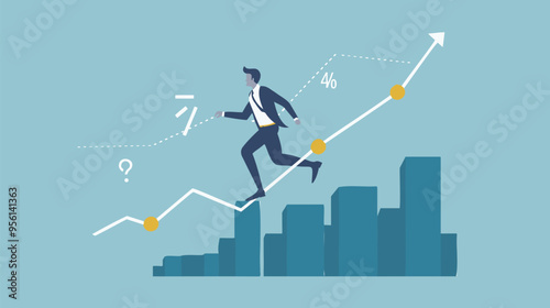 Businessman investor running up percentage graph, succeeding in economic challenges through smart investment strategies