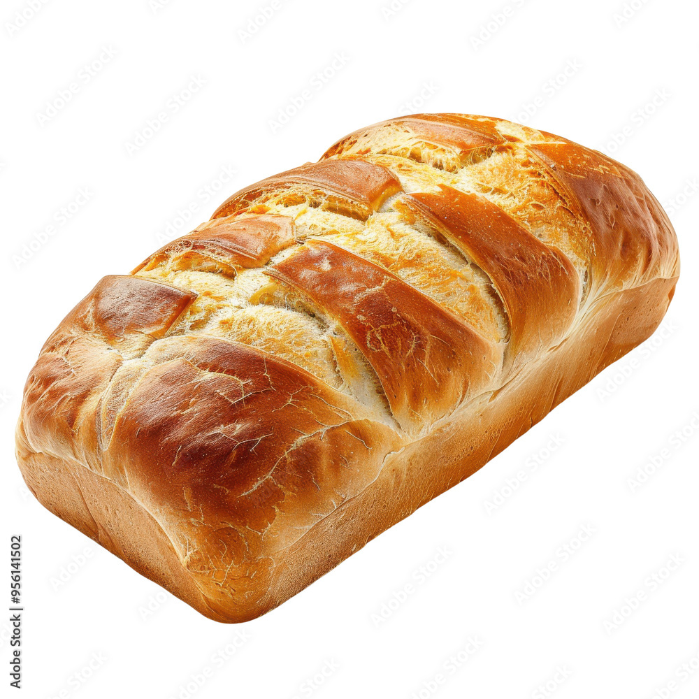 Freshly baked loaf of bread, golden brown with a soft crust, ideal for breakfast or sandwiches. Perfect for culinary compositions.