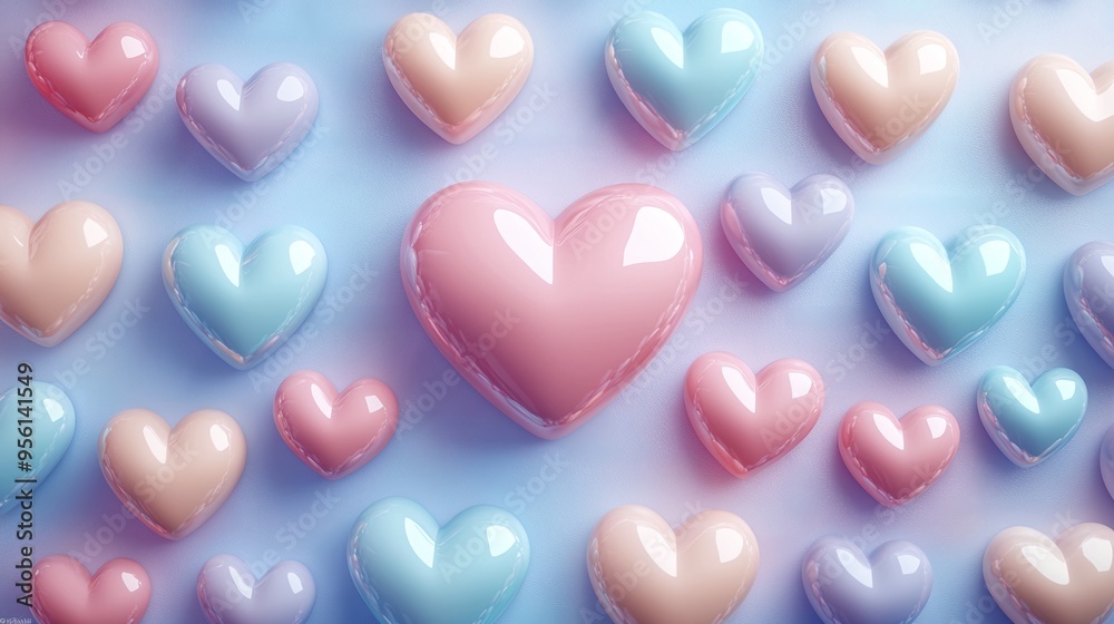 Colorful Shiny Hearts on Pastel Background Colorful Shiny Hearts on Pastel Background