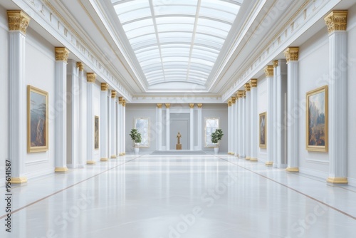 A grand gallery featuring classical sculptures, large paintings, and luxurious decor