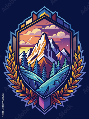 A Majestic Mountain Range Framed by a Laurel Wreath at Sunset