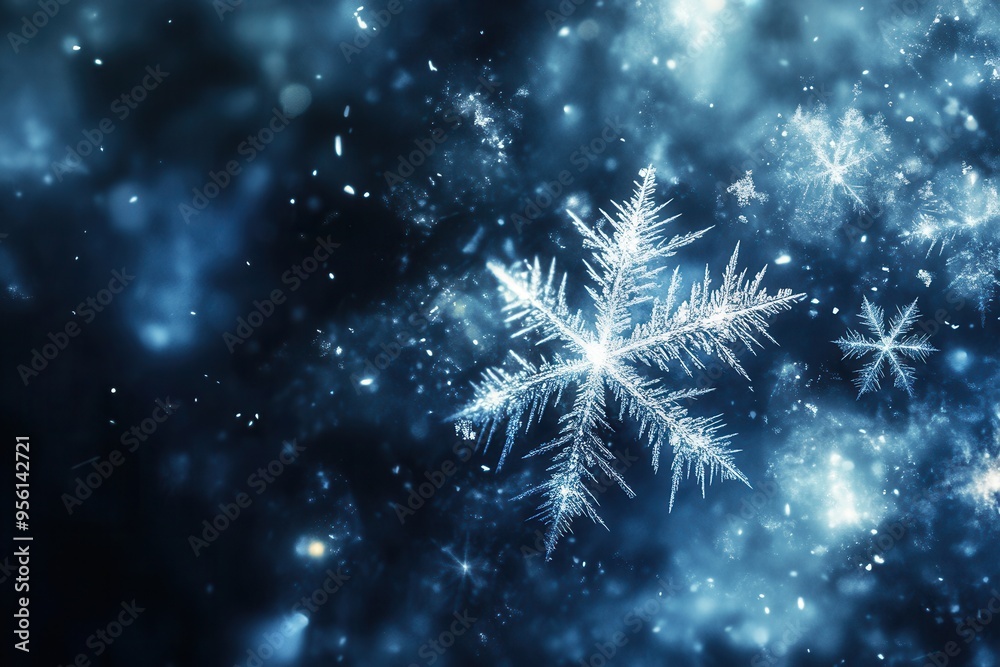 Fototapeta premium Delicate snowflakes float amidst soft lines, capturing a serene winter atmosphere with shimmering details and a cool color scheme. Generative AI