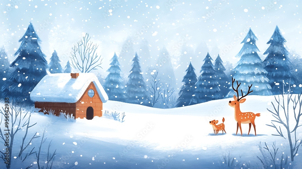 Winter Wonderland with Deer and Cabin Winter Wonderland with Deer and Cabin