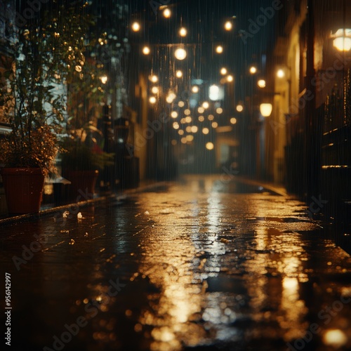 A cobblestone street in the rain with string lights illuminating the path ahead.