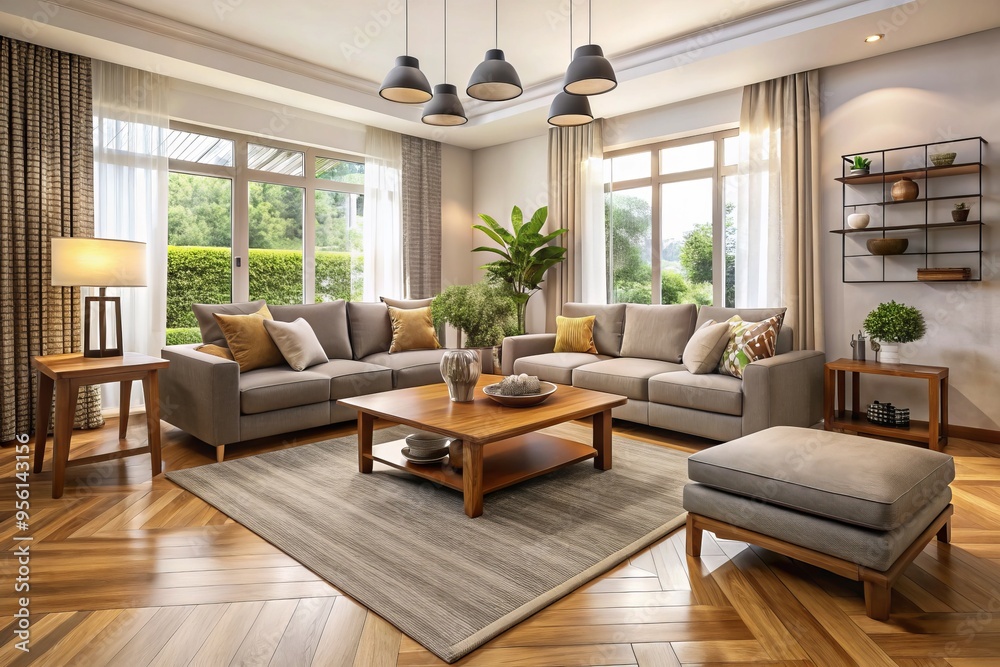 Fototapeta premium In this expansive 20x20 living room, plush furniture is strategically positioned to facilitate effortless circulation