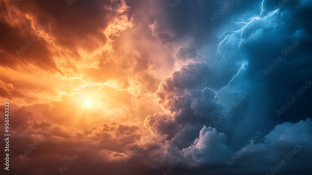 Dramatic sky where sunlight pierces dark clouds beside a striking lightning bolt. Dramatic sky where sunlight pierces dark clouds beside a striking lightning bolt.