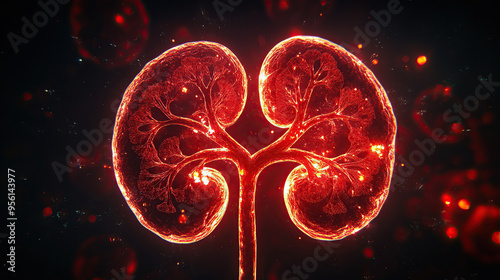 Two glowing red human kidneys on a black background photo